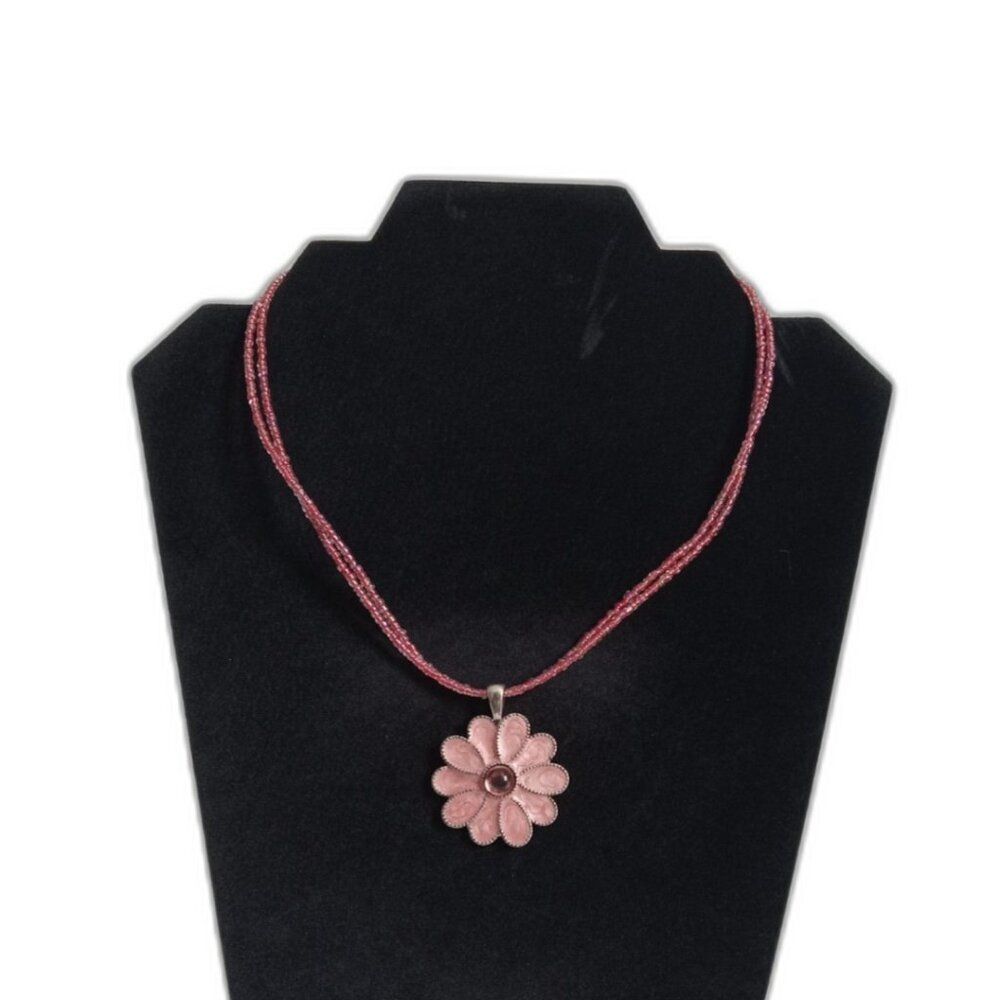 Silver Tone & Pink Iridescent Seed Beaded Double Strand Flower Pendant Necklace